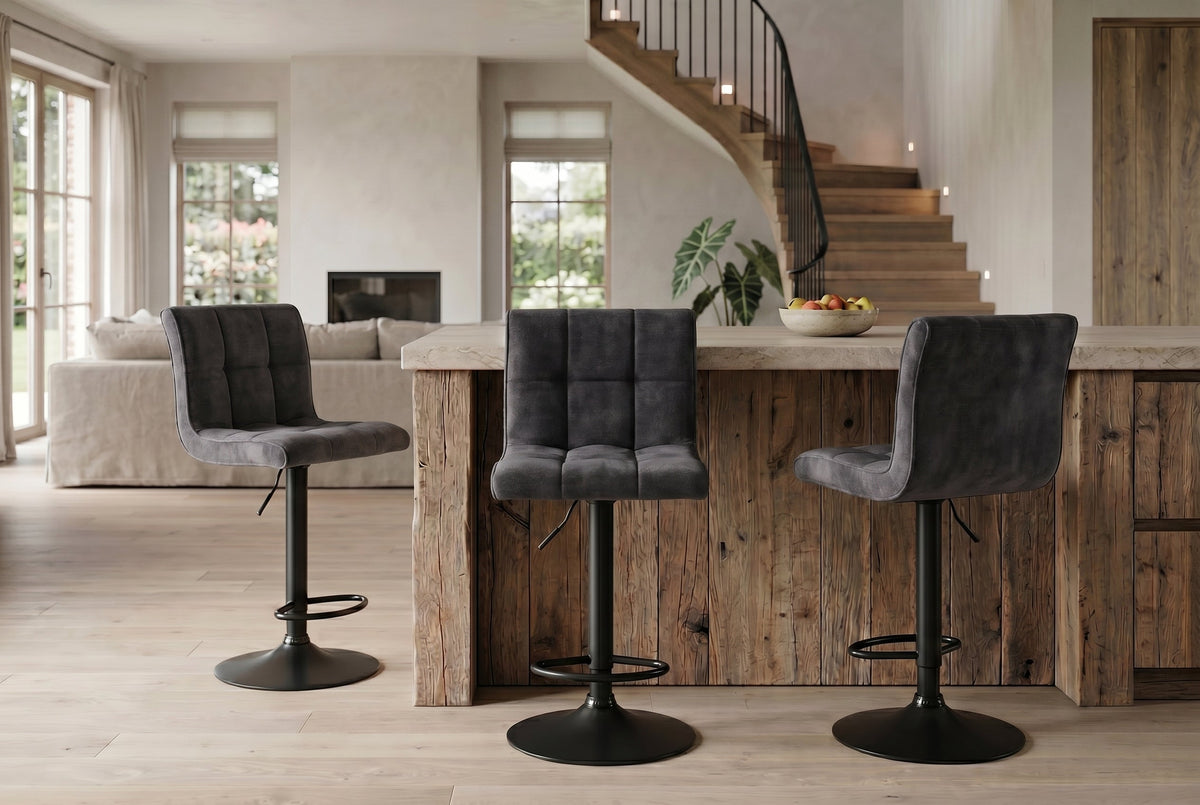 Lot de 2x Tabouret de bar réglable en hauteur MODENA gris velours métal noir pivotant