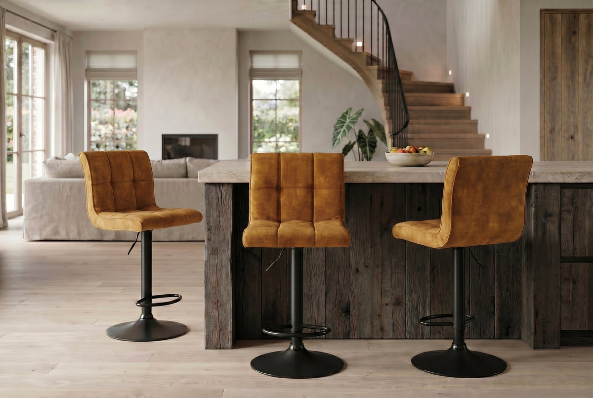 Lot de 2x Tabouret de bar réglable en hauteur MODENA jaune moutarde velours métal noir pivotant