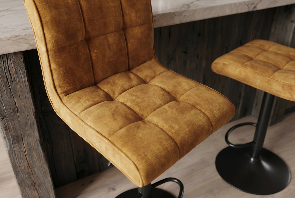 Lot de 2x Tabouret de bar réglable en hauteur MODENA jaune moutarde velours métal noir pivotant