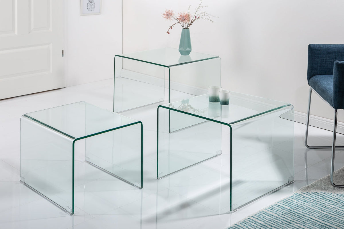 Lot de 3 tables basses design en verre FANTOME 60cm tables d’appoint transparentes