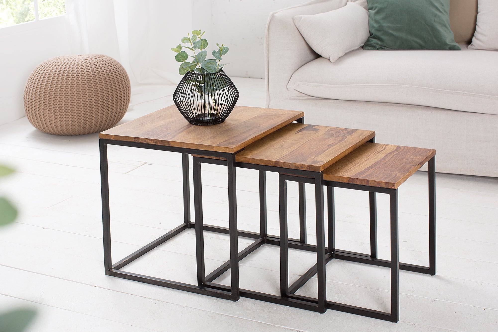 Lote de 3 mesas auxiliares ELEMENTS 40cm Madera maciza de Sheesham acabado piedra marrón metal