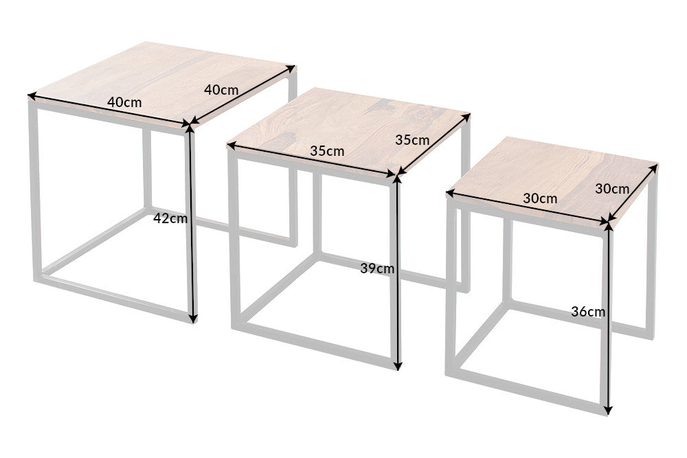 Lote de 3 mesas auxiliares ELEMENTS 40cm Madera maciza de Sheesham acabado piedra marrón metal
