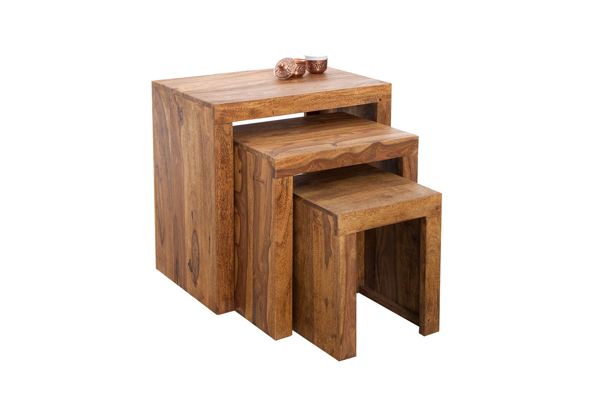 Lot de 3 tables d’appoint en bois massif MAKASSAR 45cm finition pierre Sesham marron grain