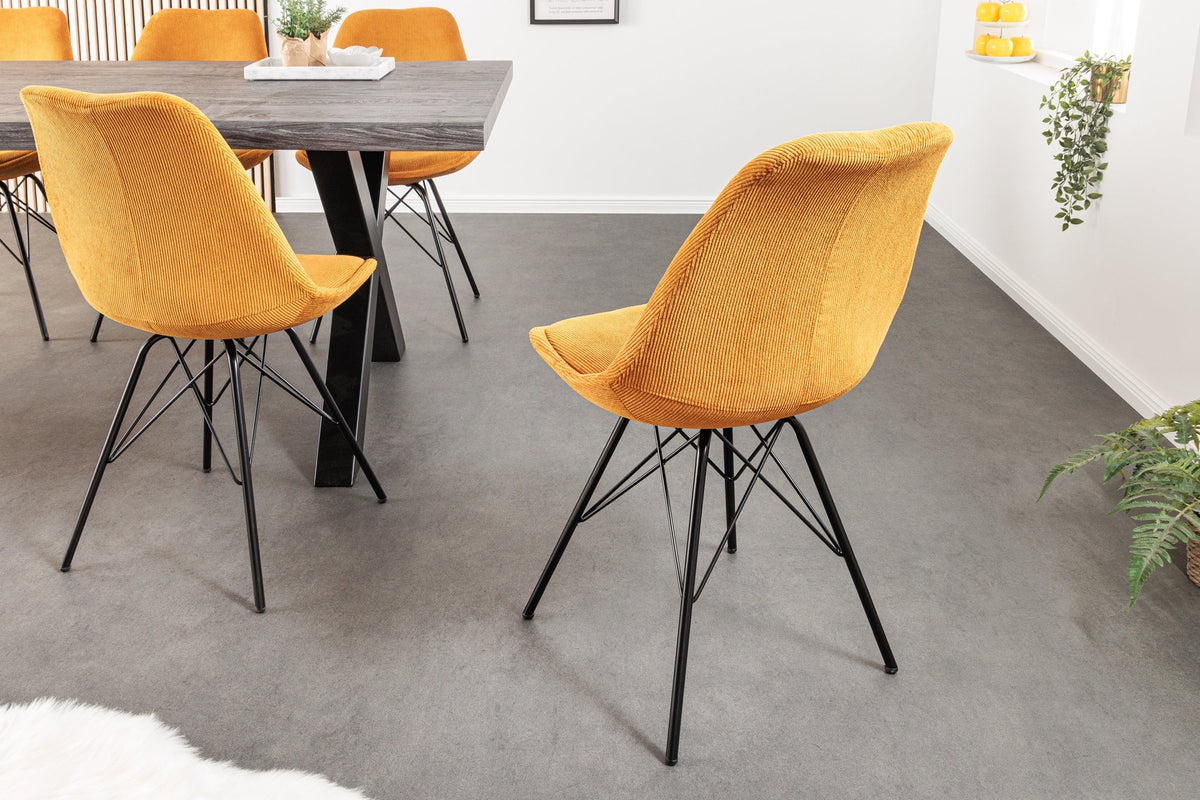 Lot de 4x Design chaise SCANDINAVIA MEISTERSTÜCK moutarde Cord noires pieds en métal
