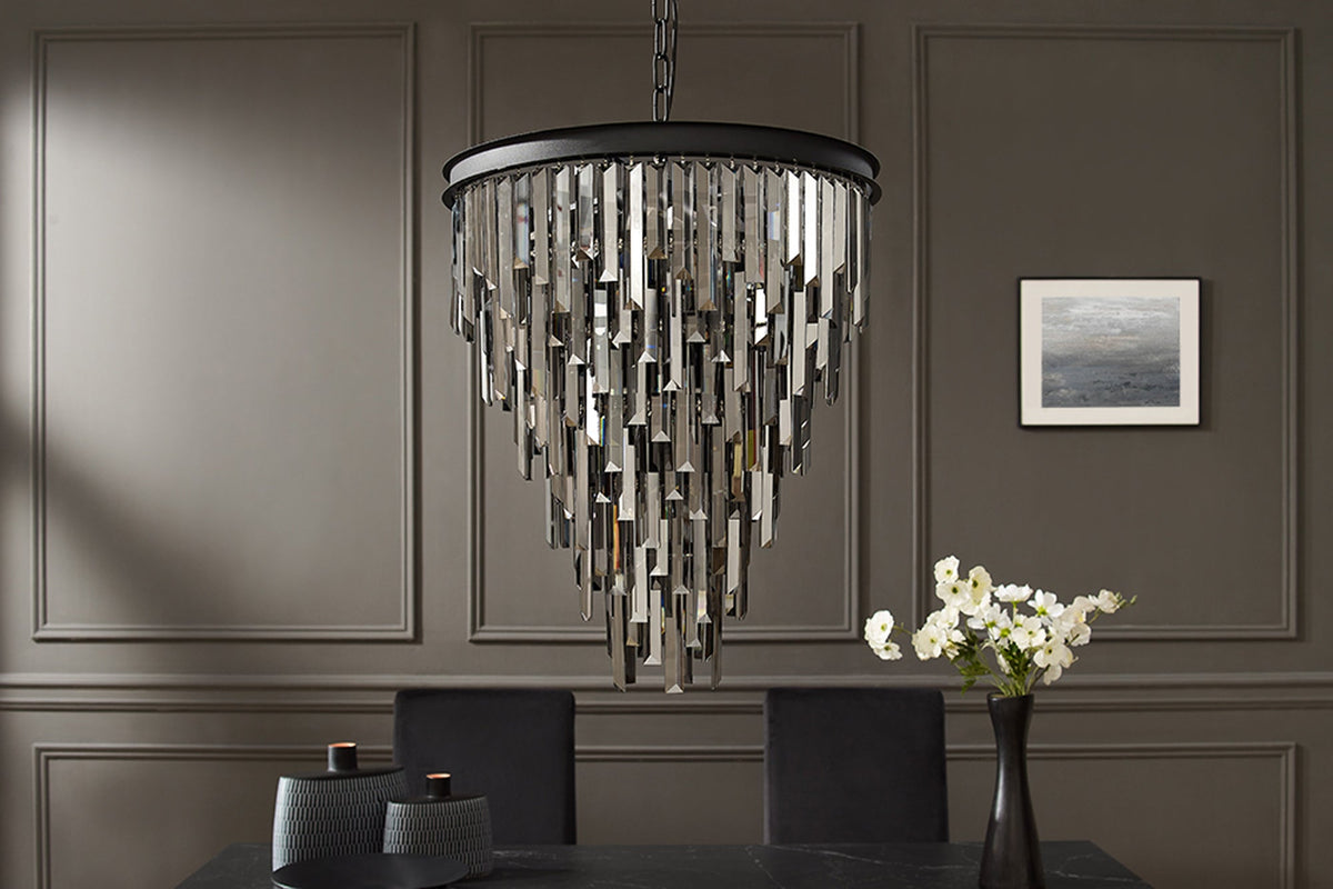 Lustre de luxe CRYSTAL 50cm gris avec prismes de verre lampe suspendue en fer noir