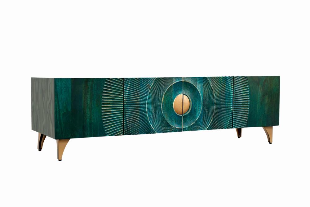 Massif meuble TV GOLDEN SUNSET 180 cm turquoise sculptures 3D dorées en bois de mangue et métal
