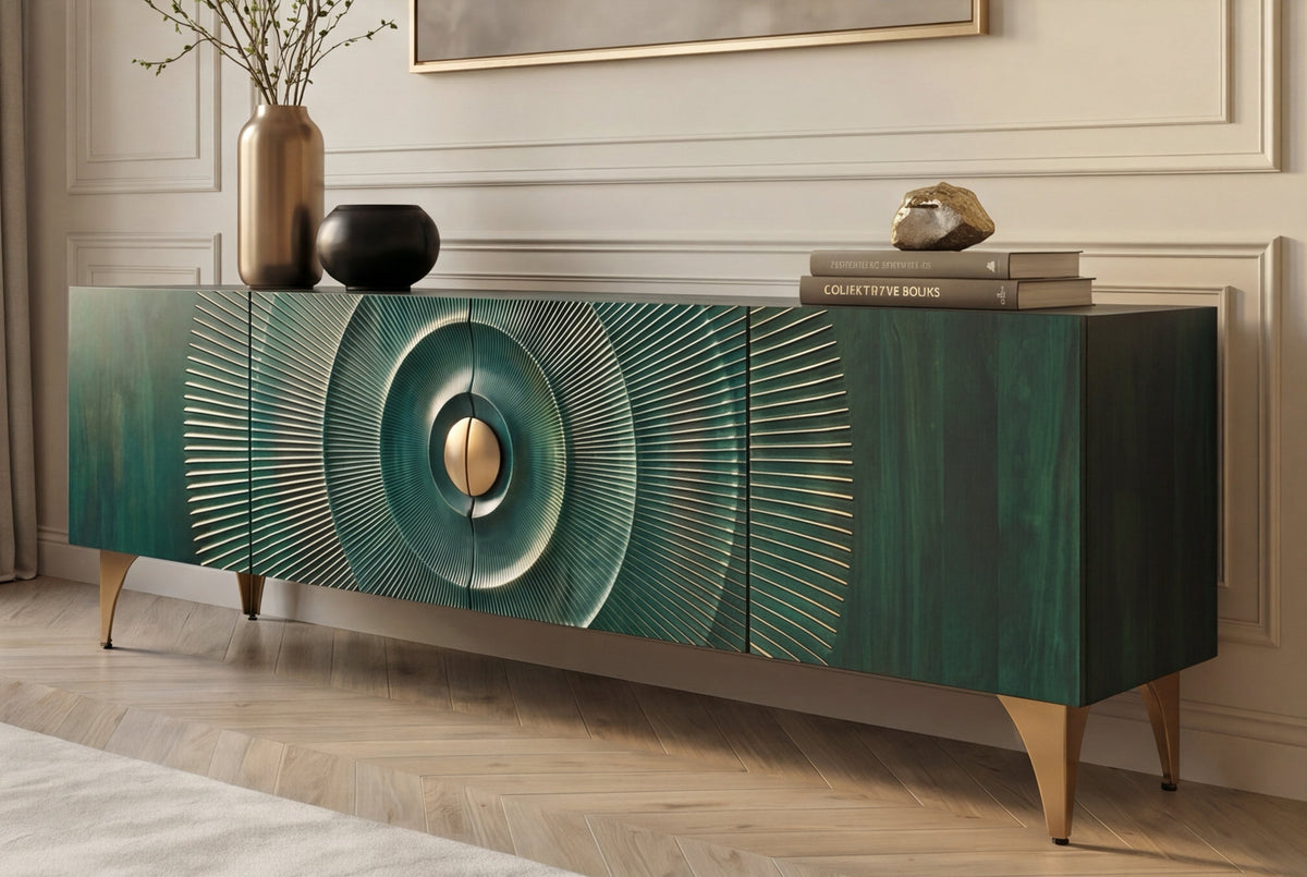 Massif meuble TV GOLDEN SUNSET 180 cm turquoise sculptures 3D dorées en bois de mangue et métal