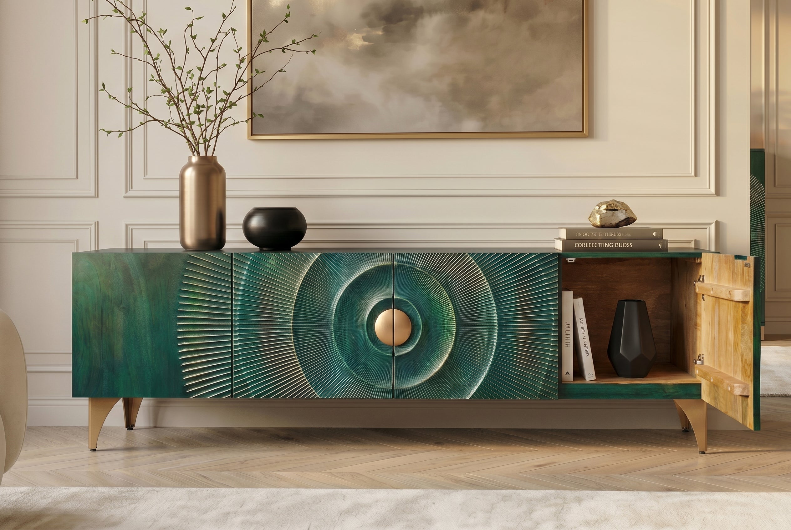 Massif meuble TV GOLDEN SUNSET 180 cm turquoise sculptures 3D dorées en bois de mangue et métal
