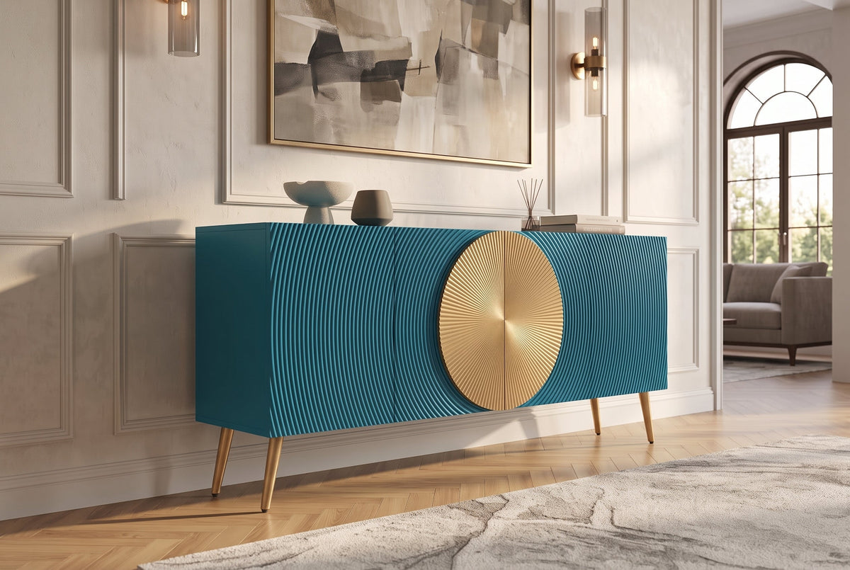 Massif sideboard AURUM 180cm turquoise bois de manguier avec élément doré emblématique