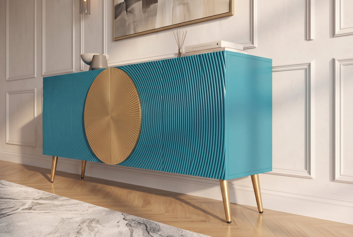 Massif sideboard AURUM 180cm turquoise bois de manguier avec élément doré emblématique
