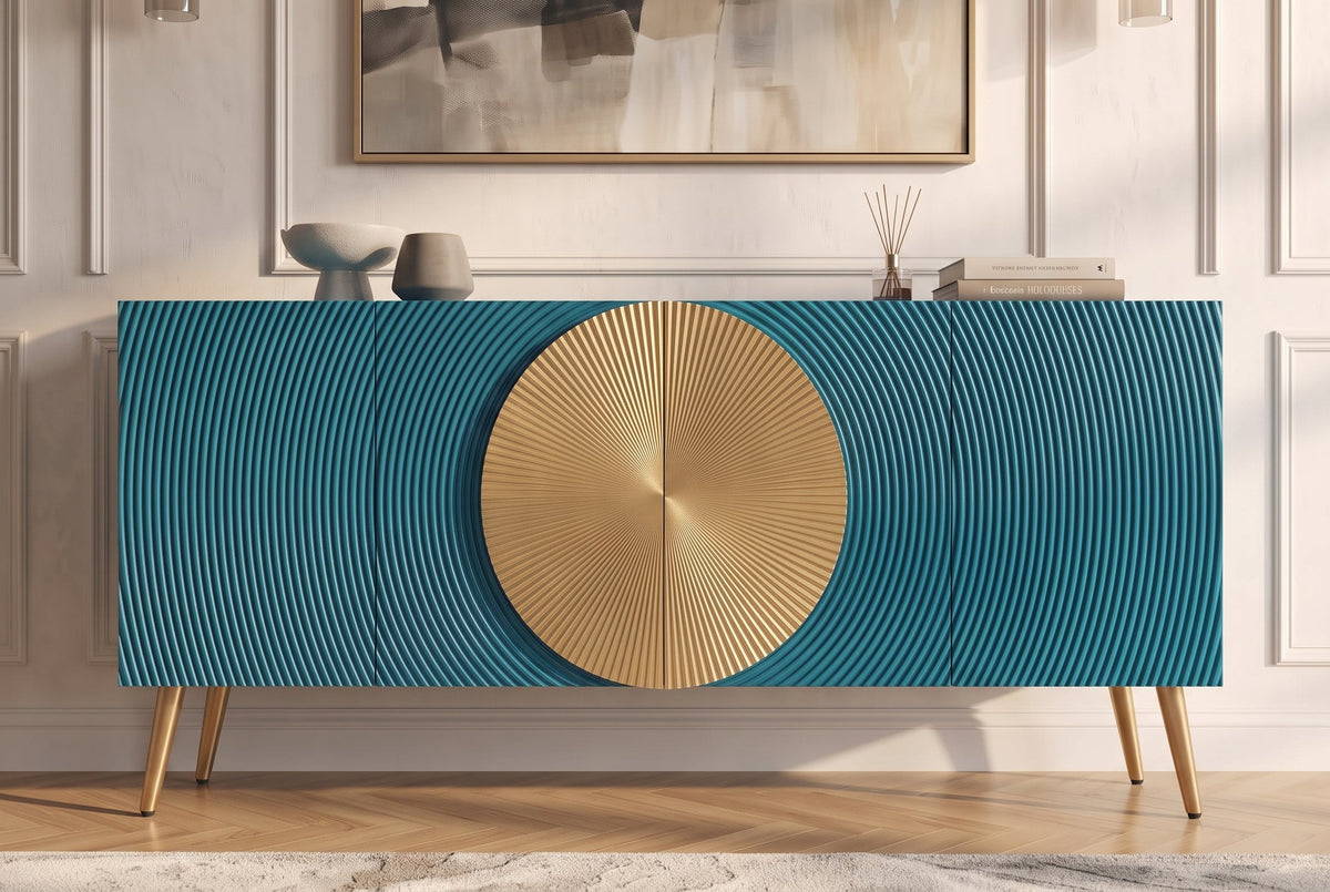 Massif sideboard AURUM 180cm turquoise bois de manguier avec élément doré emblématique