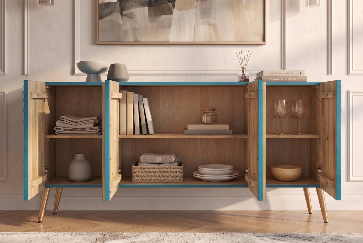 Massif sideboard AURUM 180cm turquoise bois de manguier avec élément doré emblématique