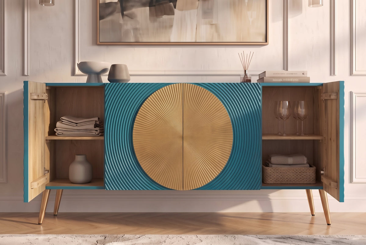 Massif sideboard AURUM 180cm turquoise bois de manguier avec élément doré emblématique