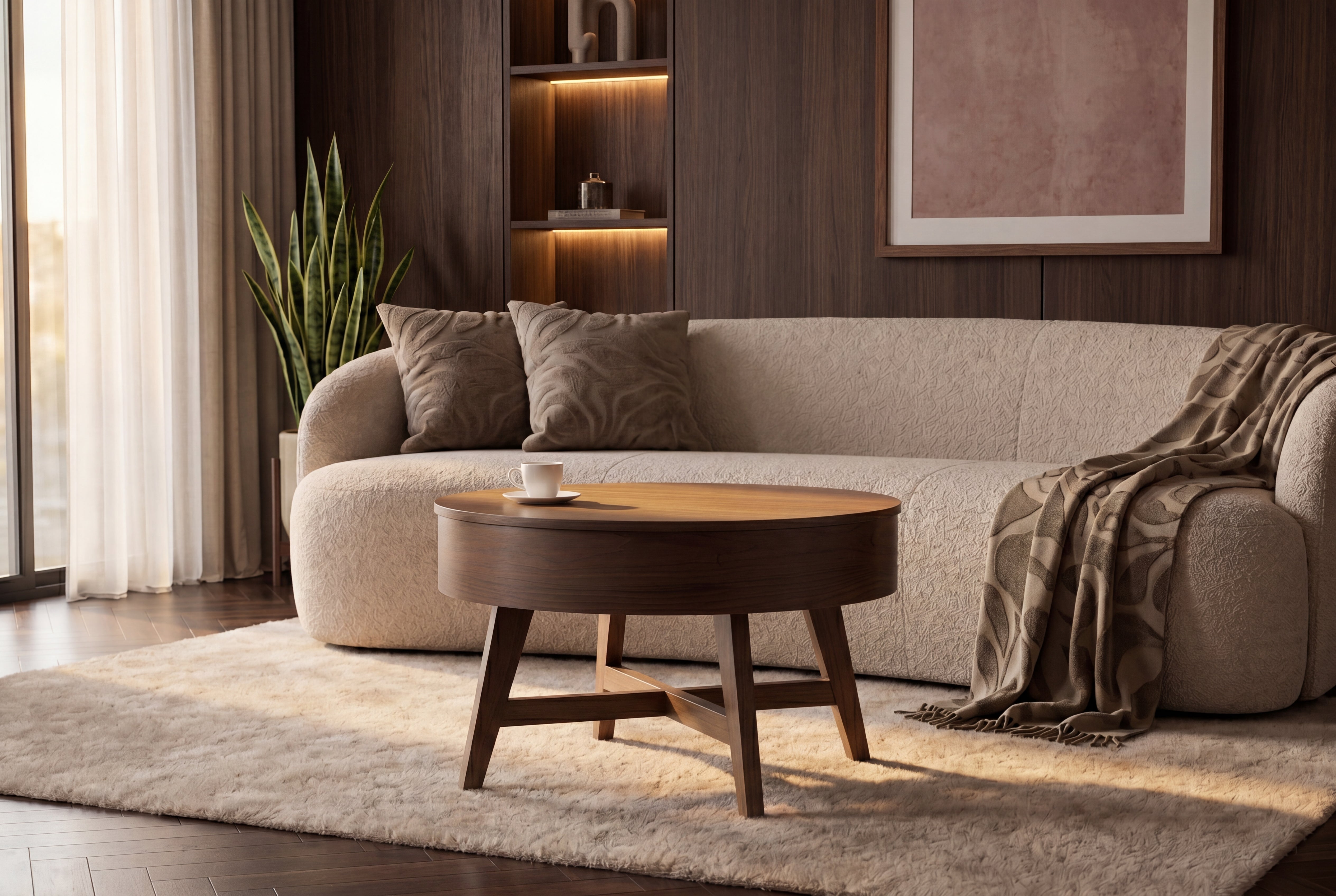 Massif table basse KYOTO 70cm brun bois de mangue au design noyer avec espace de rangement