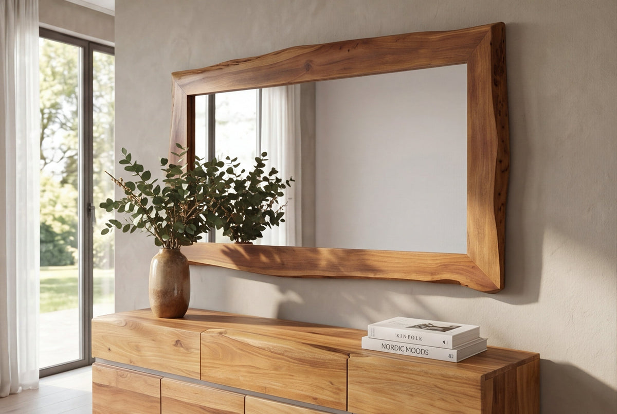 Massiver Spiegel MAMMUT 160cm braun Akazienholz Baumkante Wandspiegel