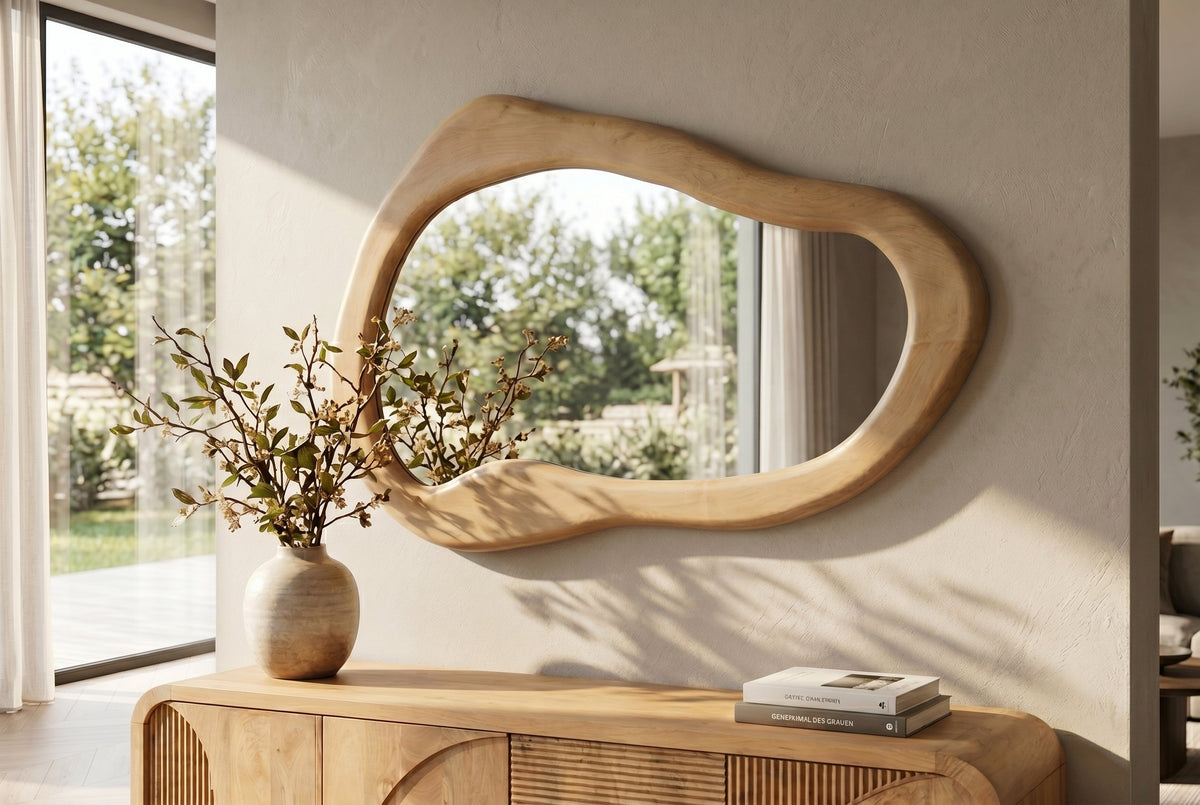 Massiver Wandspiegel ORGANIC 130cm creme Mangoholz flexibel aufhängbar