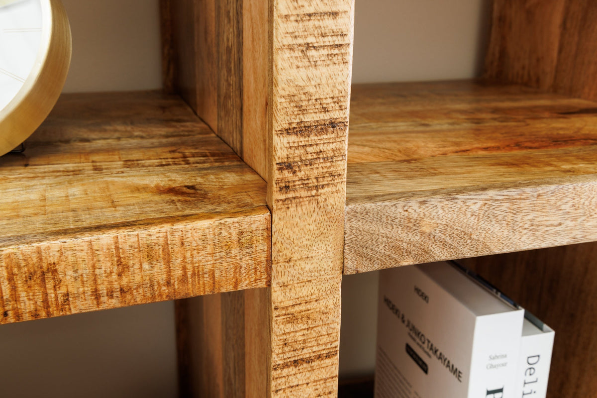 Massives Regal IRON CRAFT 160cm natur Mangoholz Bücherregal sechzehn Fächer