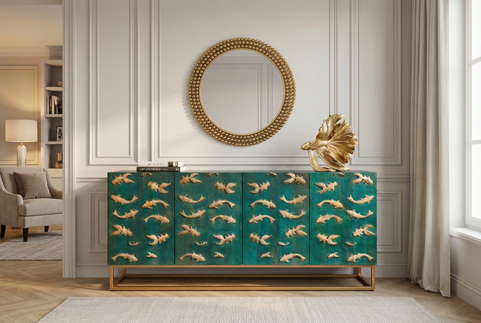 Massives Sideboard GOLDEN LAGOON 180cm türkis gold Mangoholz Metall 3D-Front