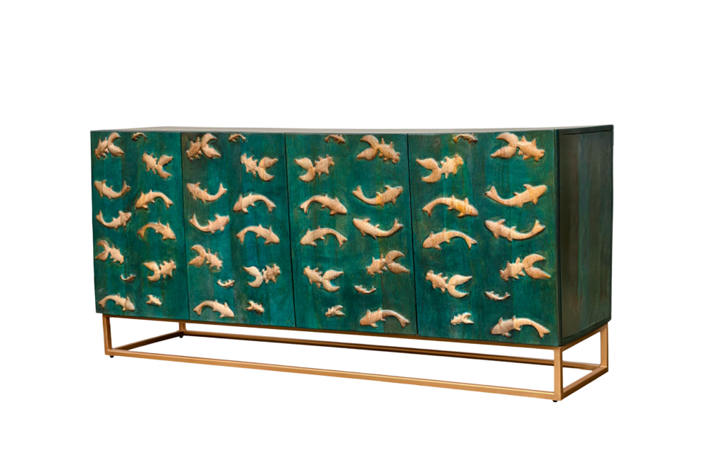 Massives Sideboard GOLDEN LAGOON 180cm türkis gold Mangoholz Metall 3D-Front