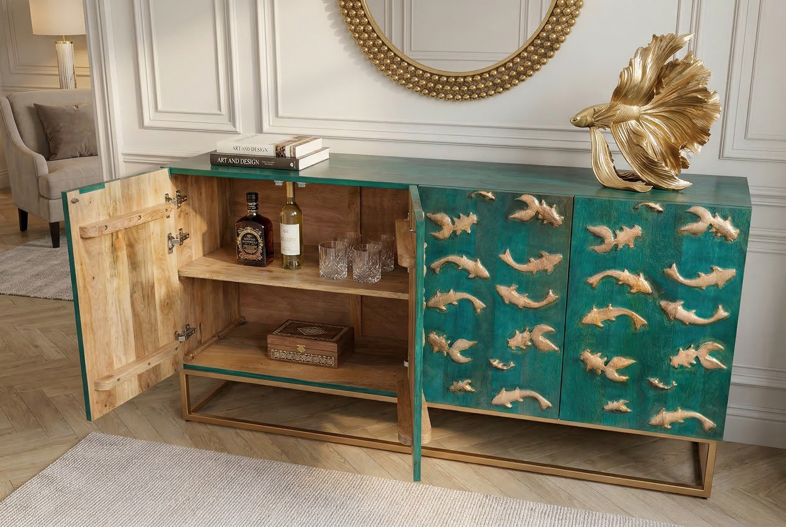 Massives Sideboard GOLDEN LAGOON 180cm türkis gold Mangoholz Metall 3D-Front
