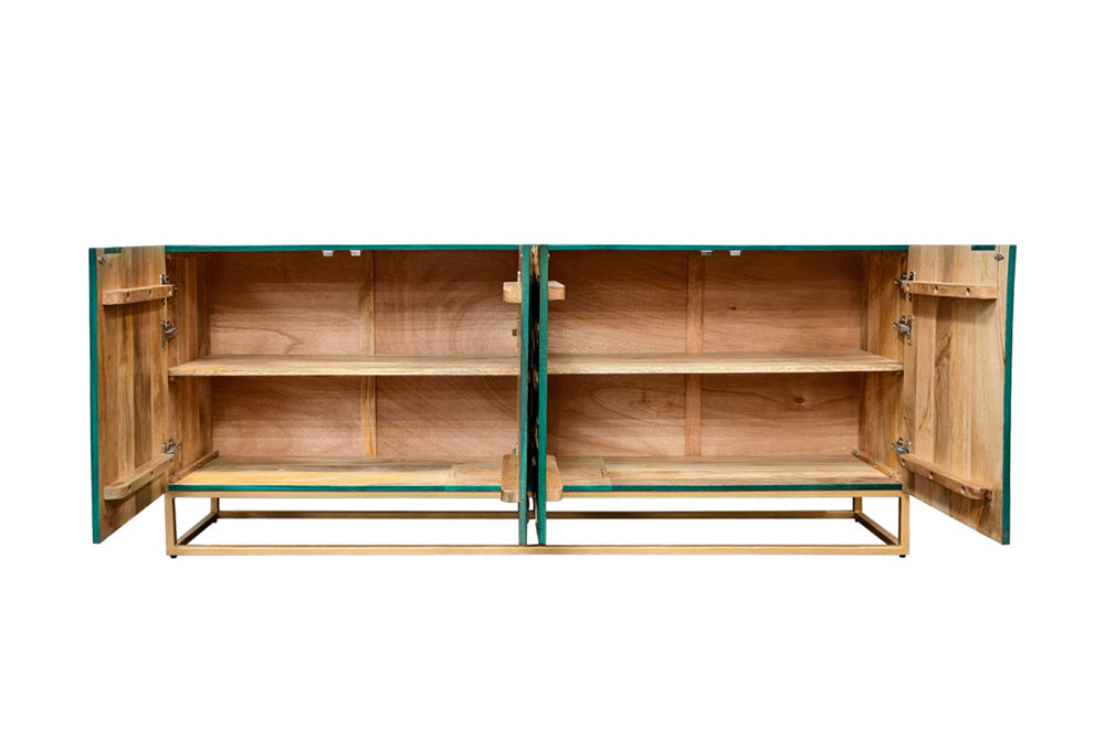 Massives Sideboard GOLDEN LAGOON 180cm türkis gold Mangoholz Metall 3D-Front