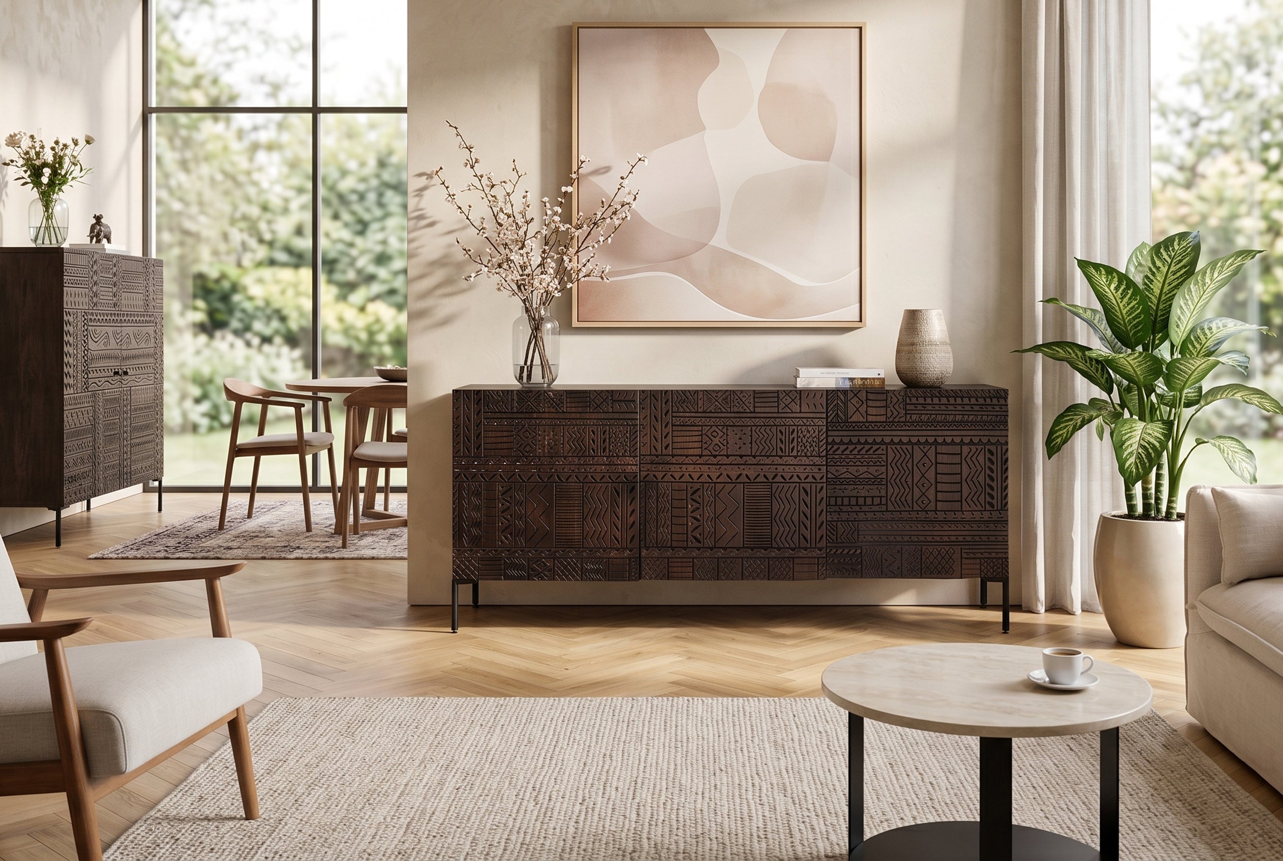 Massives Sideboard TRIBAL 180cm antik braun Mangoholz 3D-Front viel Stauraum