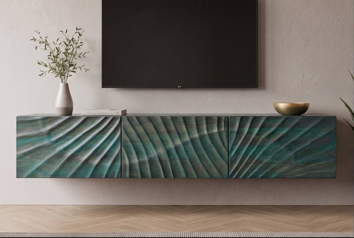 Massives TV-Board SCORPION 160cm türkis Mangoholz hängend Lowboard