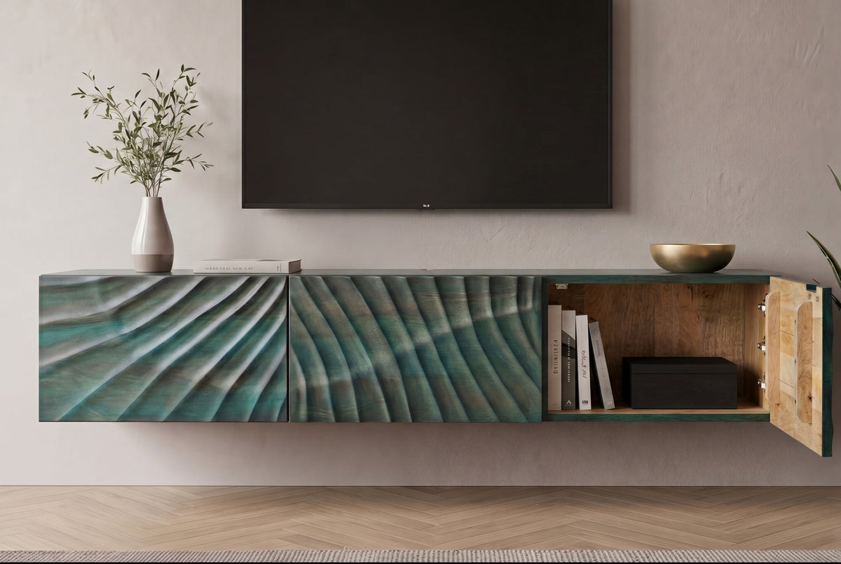 Massives TV-Board SCORPION 160cm türkis Mangoholz hängend Lowboard