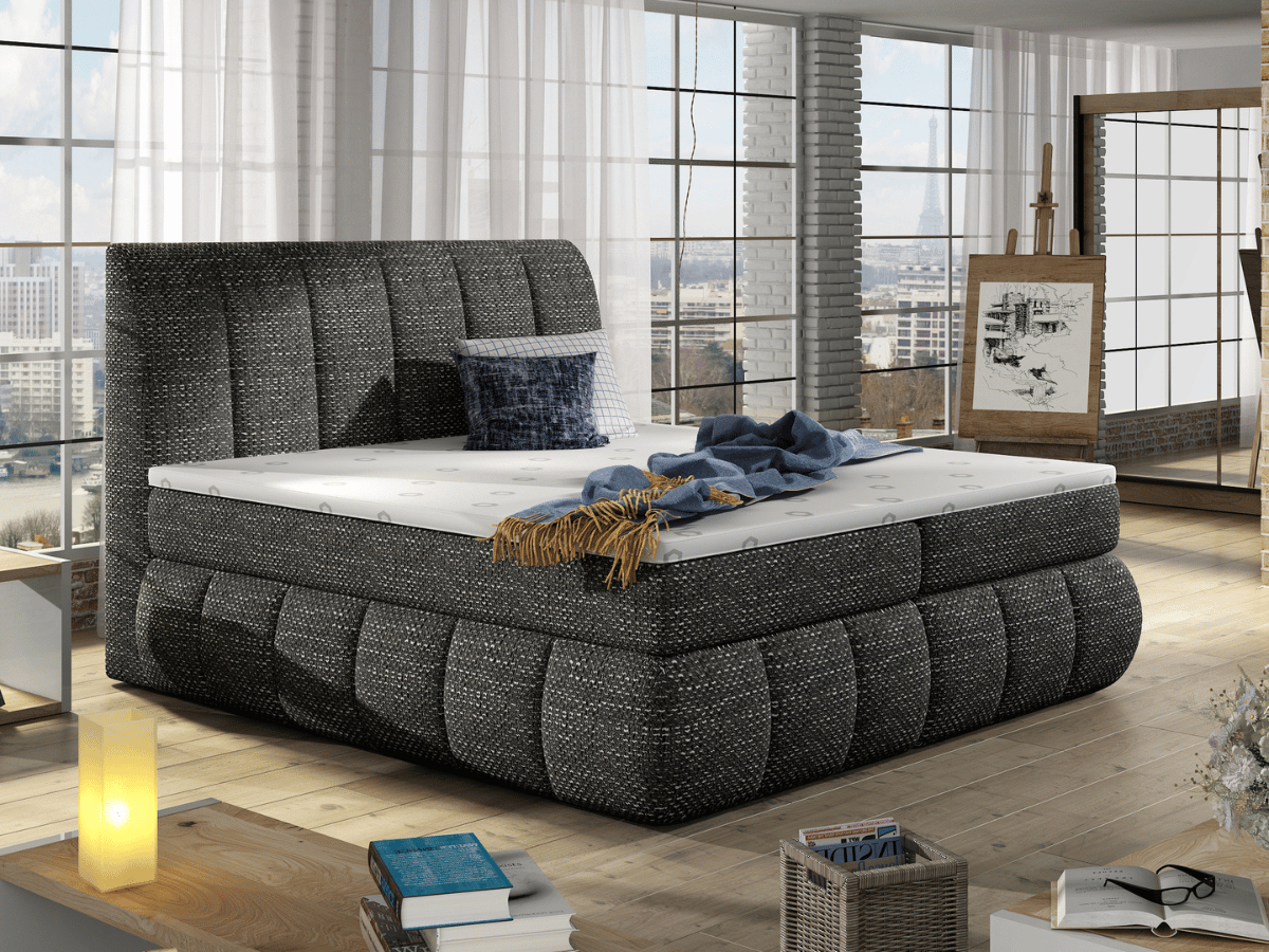Lit Boxspring Mateo – Lit Complet avec Matelas, Sommier, Coffre de Rangement et Tête de Lit Design