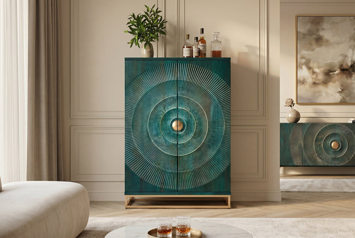 Meuble bar artisanal GOLDEN SUNSET 140cm bois de manguier massif turquoise