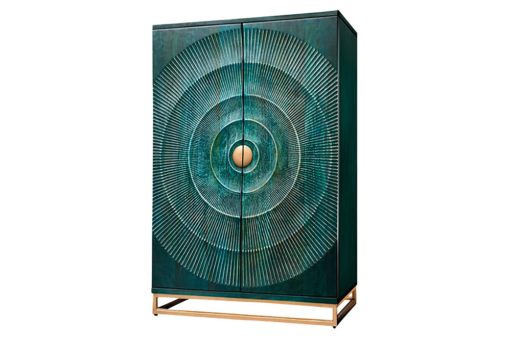 Meuble bar artisanal GOLDEN SUNSET 140cm bois de manguier massif turquoise