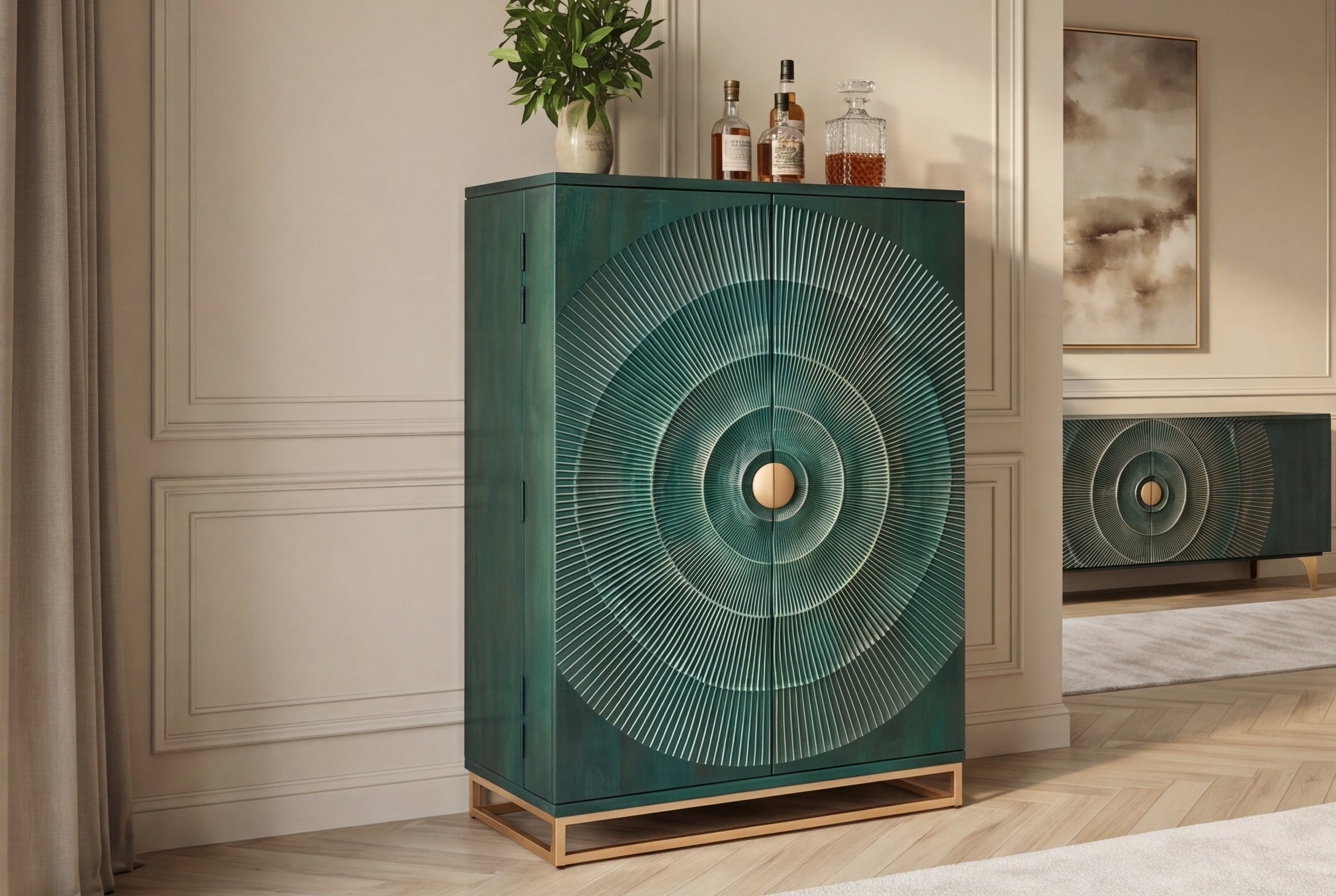 Meuble bar artisanal GOLDEN SUNSET 140cm bois de manguier massif turquoise