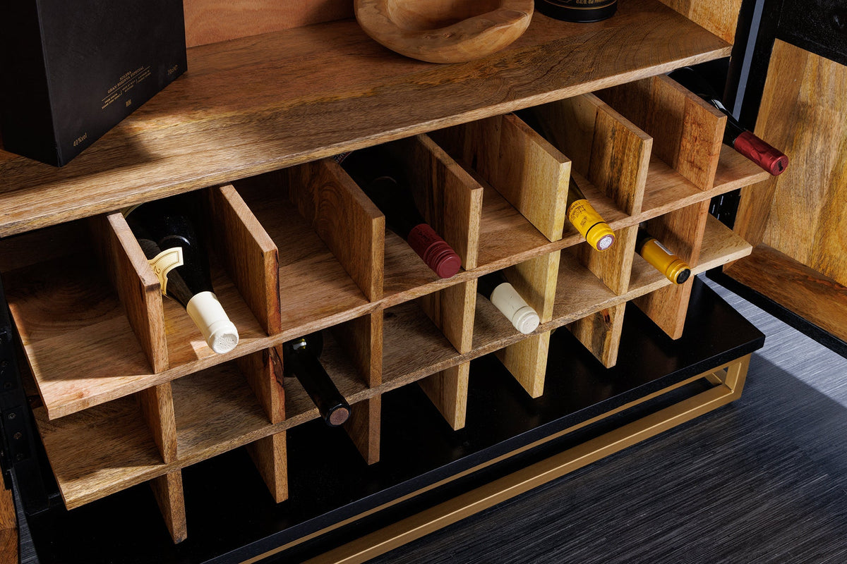 Meuble bar artisanal GOLDEN SUNSET 140cm noir doré bois de manguier massif