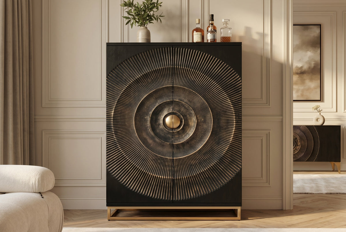 Meuble bar artisanal GOLDEN SUNSET 140cm noir doré bois de manguier massif