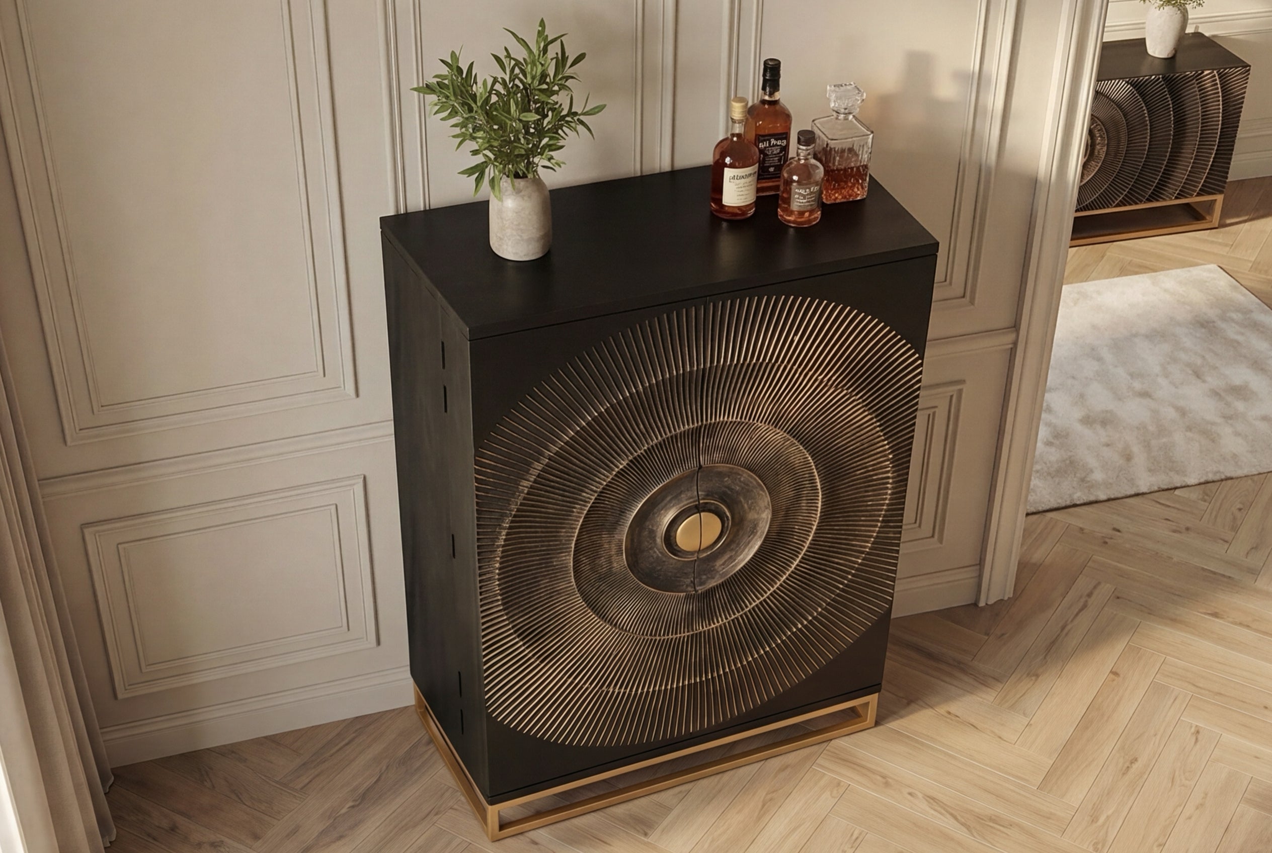 Meuble bar artisanal GOLDEN SUNSET 140cm noir doré bois de manguier massif