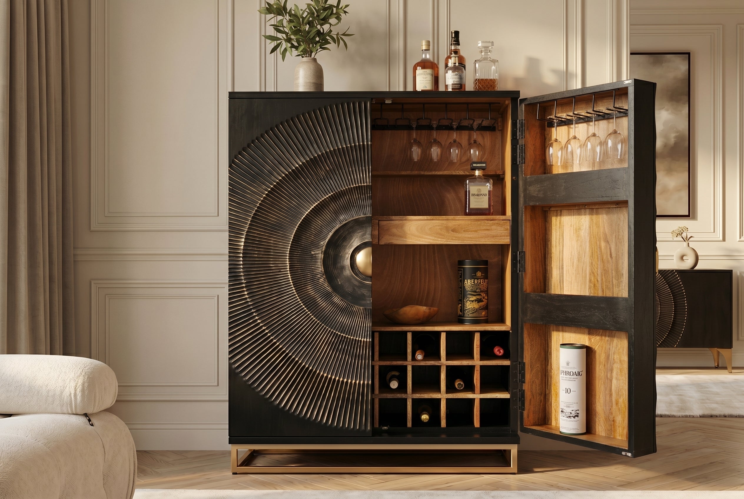 Meuble bar artisanal GOLDEN SUNSET 140cm noir doré bois de manguier massif