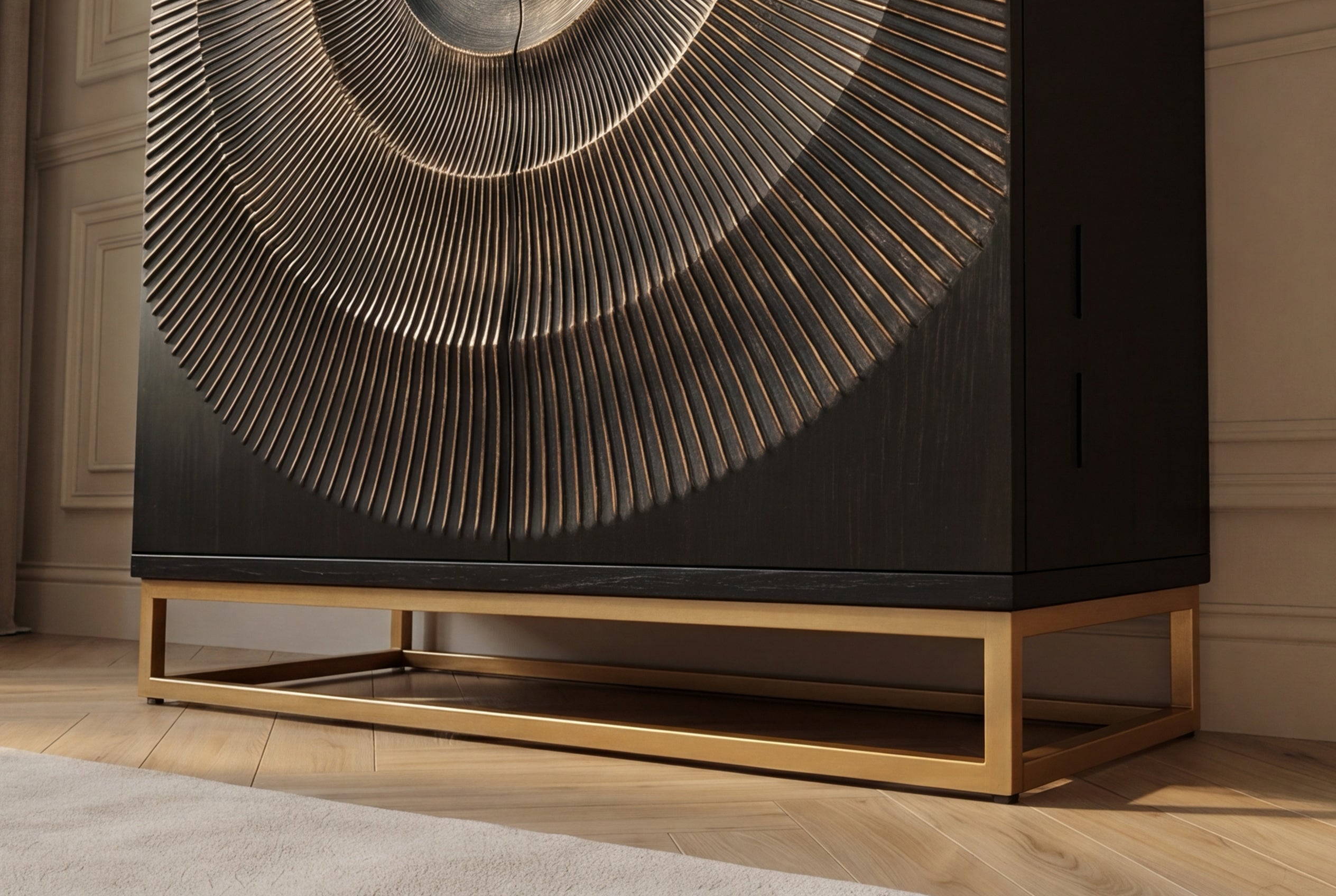 Meuble bar artisanal GOLDEN SUNSET 140cm noir doré bois de manguier massif