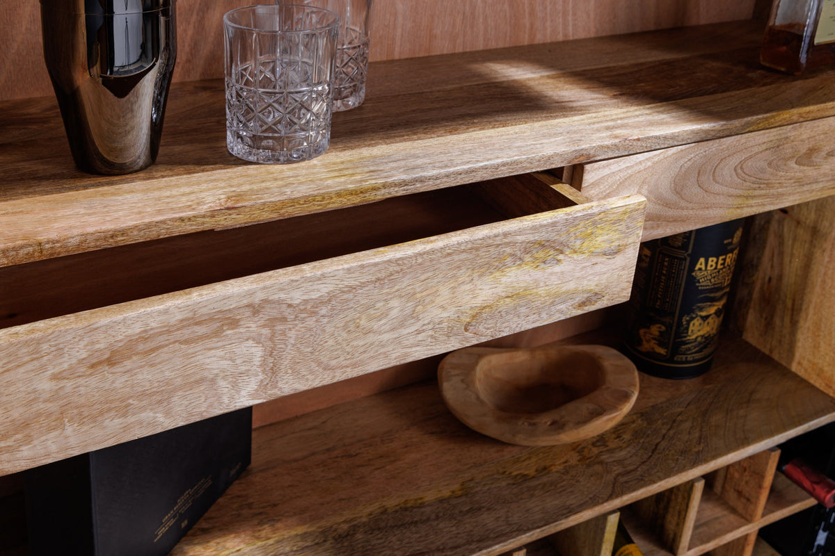Meuble bar artisanal GOLDEN SUNSET 140cm or blanc en manguier massif