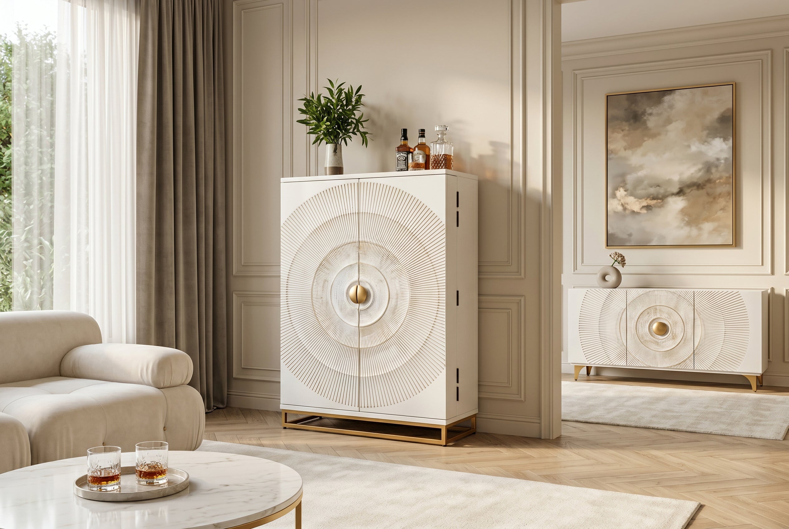 Meuble bar artisanal GOLDEN SUNSET 140cm or blanc en manguier massif