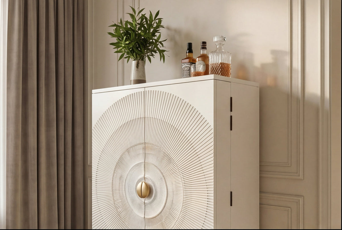 Meuble bar artisanal GOLDEN SUNSET 140cm or blanc en manguier massif