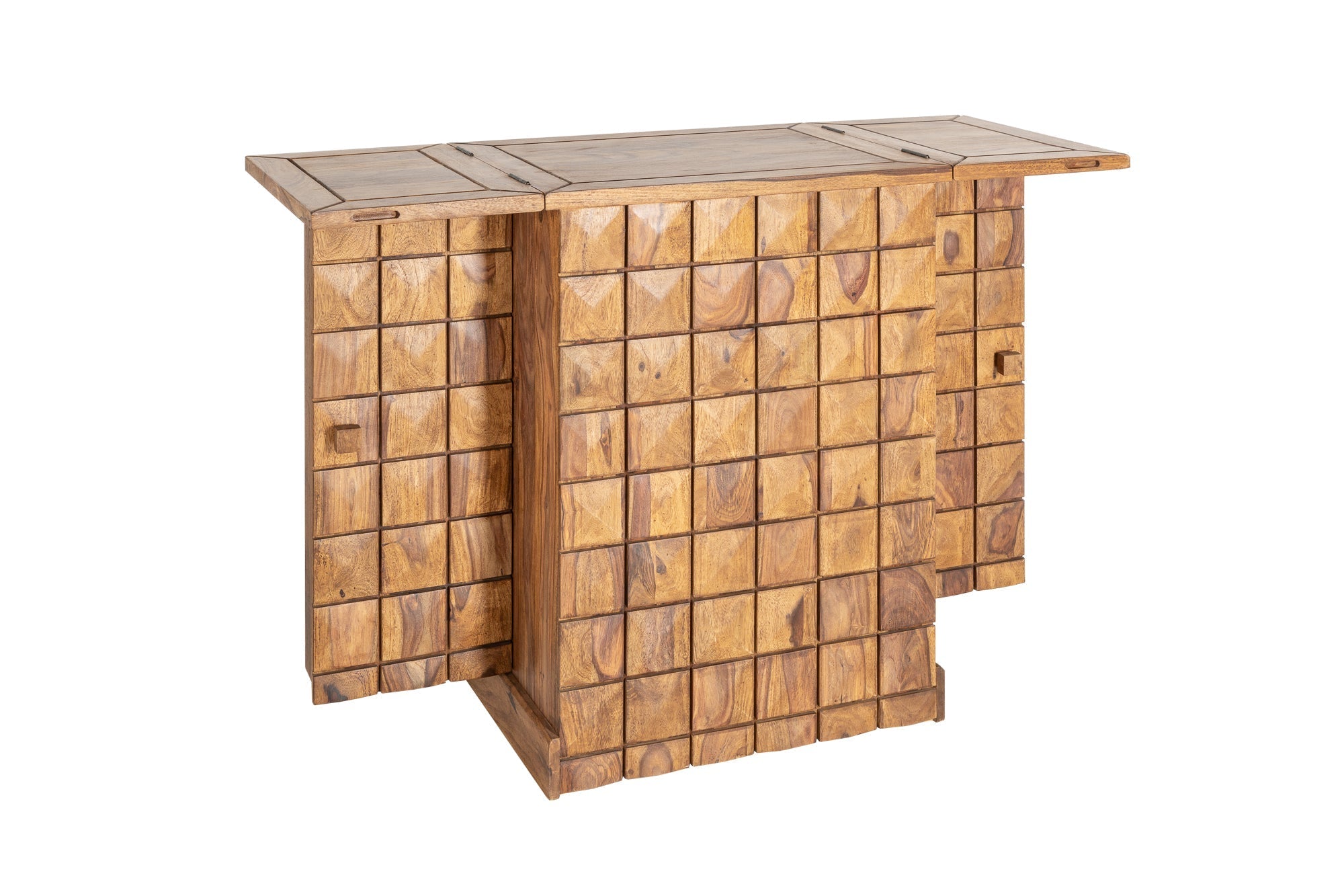 Meuble bar artisanal MOSAICO 130cm bois de sheesham marron finition pierre effet 3D