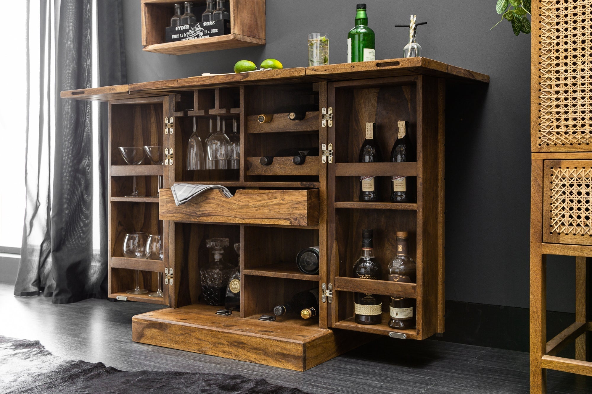 Meuble bar artisanal MOSAICO 130cm bois de sheesham marron finition pierre effet 3D