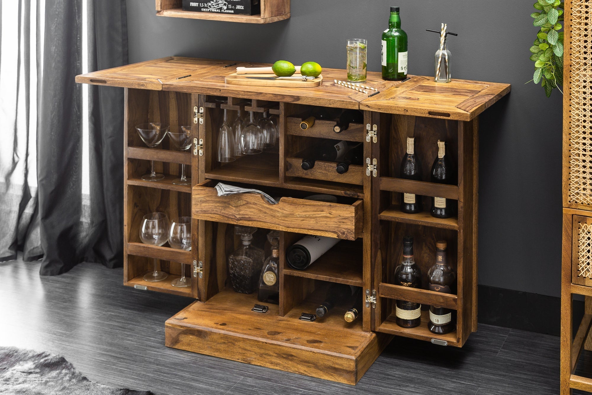Meuble bar artisanal MOSAICO 130cm bois de sheesham marron finition pierre effet 3D