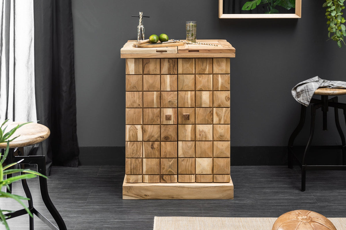 Meuble bar artisanal MOSAICO 130cm en bois d’acacia massif effet 3D