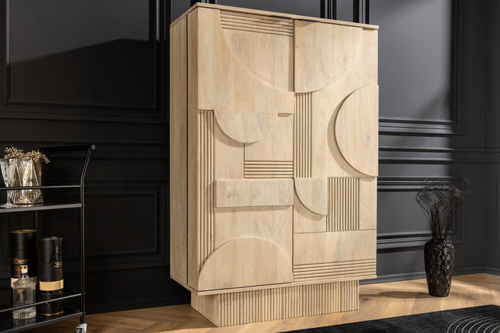 Meuble bar design ART DECO 140cm bois de manguier cérusé blanc façade 3D