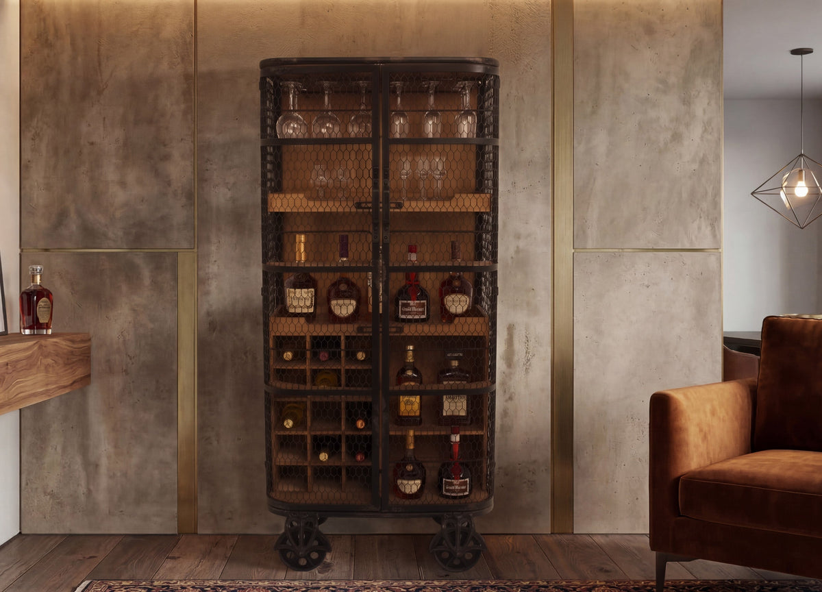 Meuble bar design LOFT 150cm bois de pin naturel métal avec étagère à bouteilles