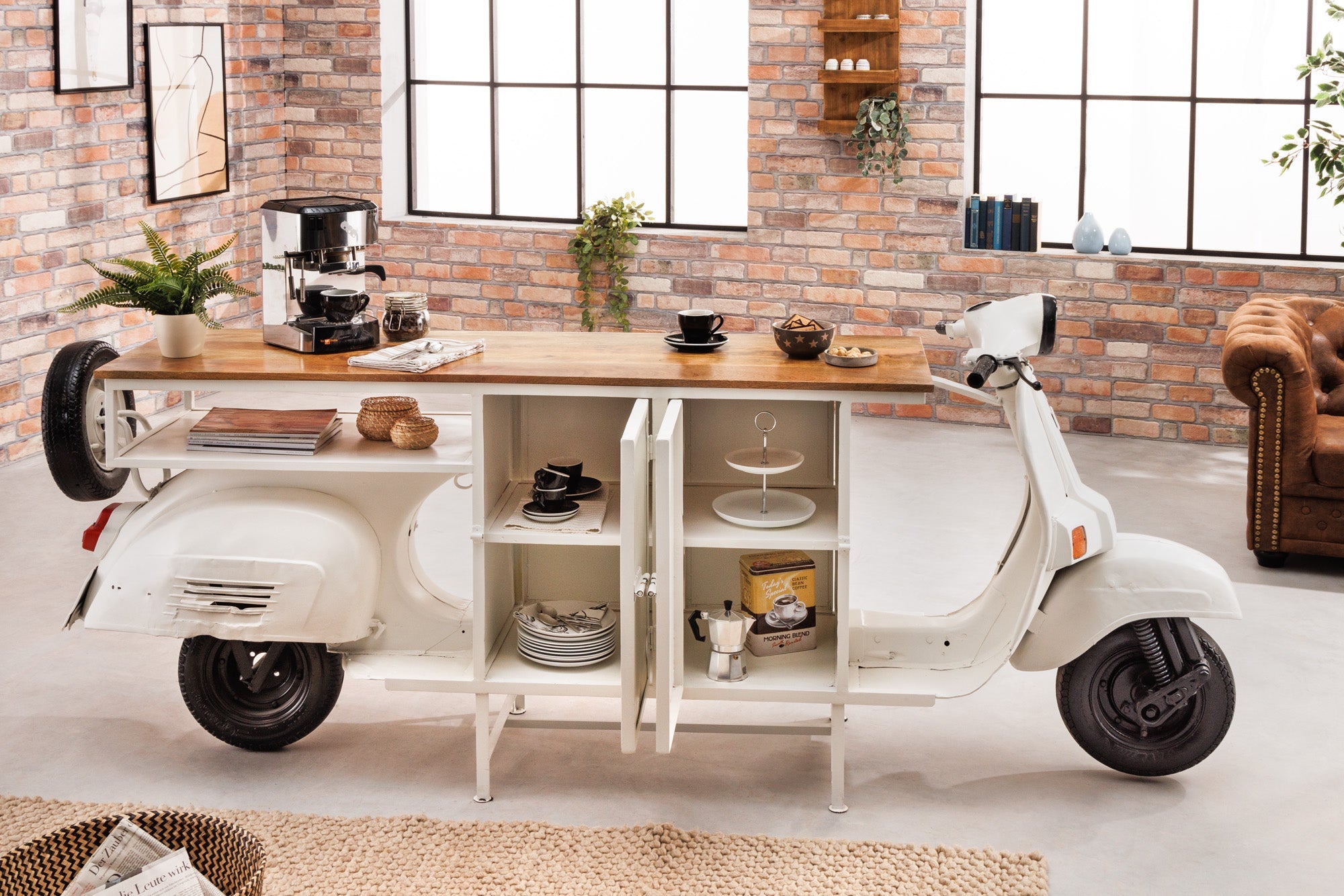 Extravagante bar SCOOTER 250cm blanco retro consola scooter con madera de mango upcycled