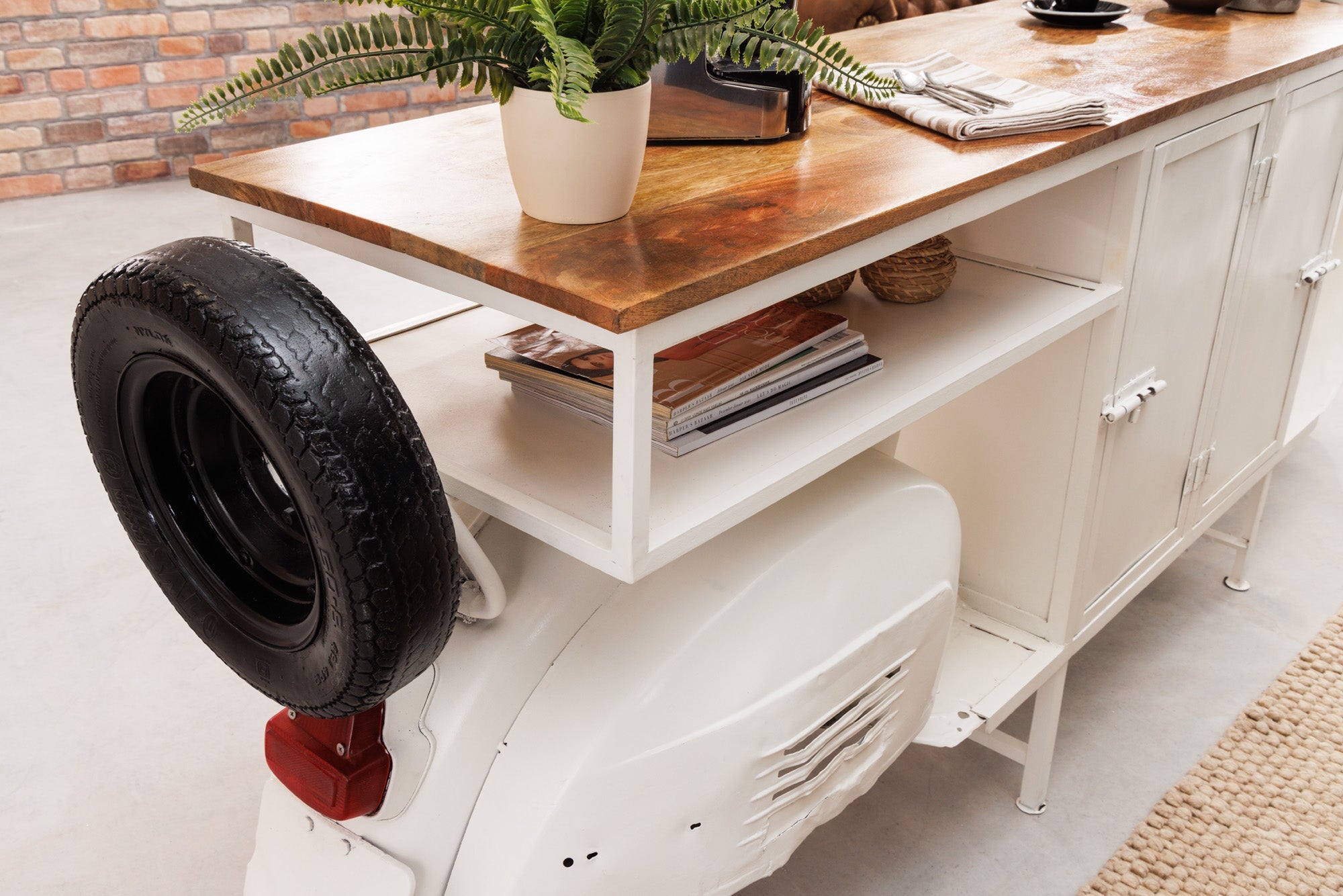 Extravagante bar SCOOTER 250cm blanco retro consola scooter con madera de mango upcycled