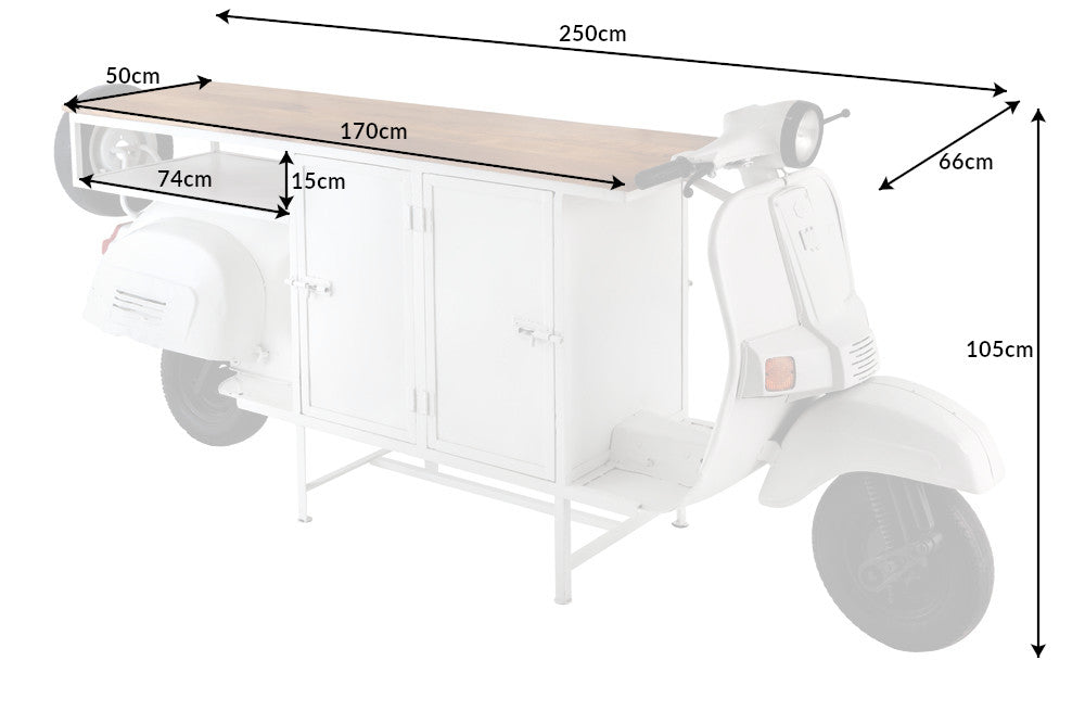 Extravagante bar SCOOTER 250cm blanco retro consola scooter con madera de mango upcycled