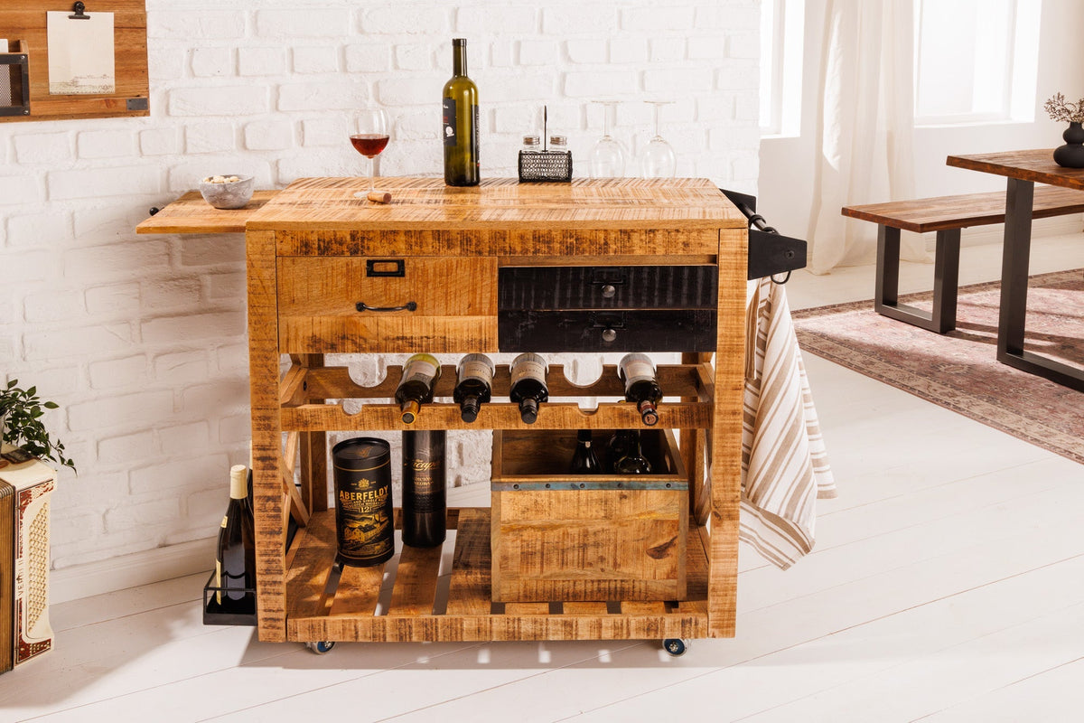 Meuble bar industriel BODEGA Chariot de service en manguier 86cm avec casier à bouteilles et suspension